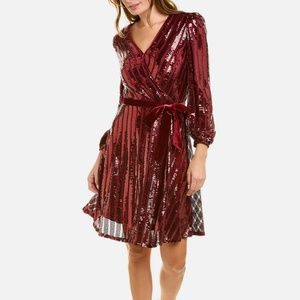 Nanette Lepore Elegant Sequined Long Sleeve Midi Dress Cranberry Red NWT